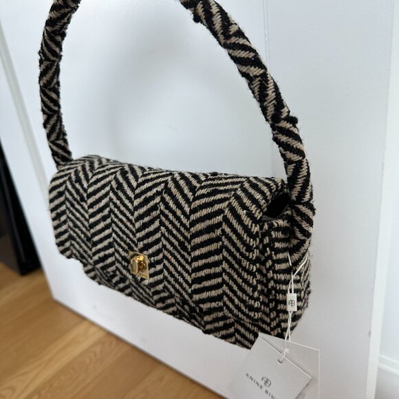 NWT Anine Bing Nico Shoulder Bag Fishbone Pattern Wool Blend Tweed Gold Lock - Picture 7 of 12